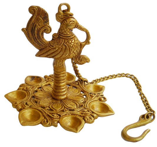 Crafts of India Hanging Peacock Diya with Six Lamps Brass Statu