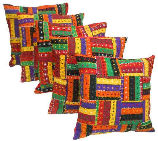 Crafts of India - Ethnic Multi Color Hand Embroidered Patch Work Cotton Cushion Cover Set of Five