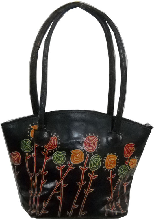 Colorful Plants Design in Black, Hand Made Shantiniketan Bag