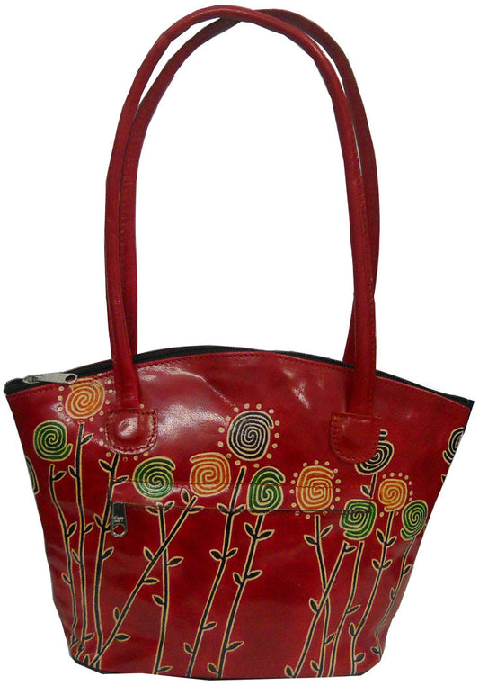 Colorful Plants Design in Bright Red Hand Made Shantiniketan Bag