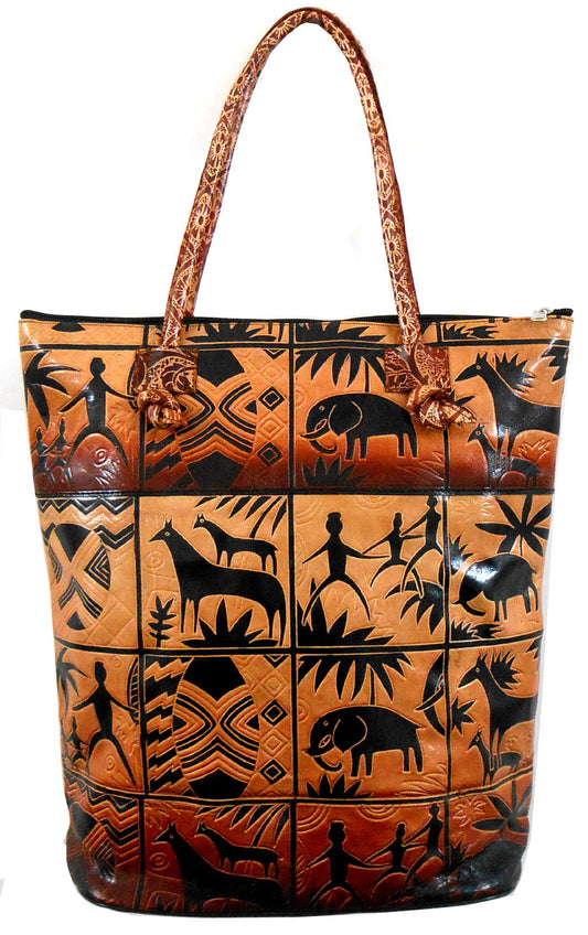 Exclusive Jungle Forest Design Ethnic Hand Embossed Shantiniketan Leather Indian Shopping Bag