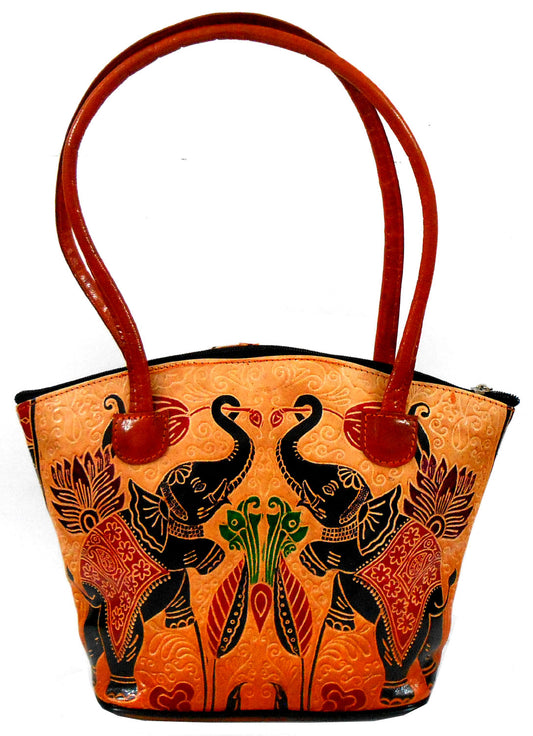 Colorful Jungle Elephants Design Ethnic Hand Embossed 100% Pure Shantiniketan Leather Indian Hand Bag