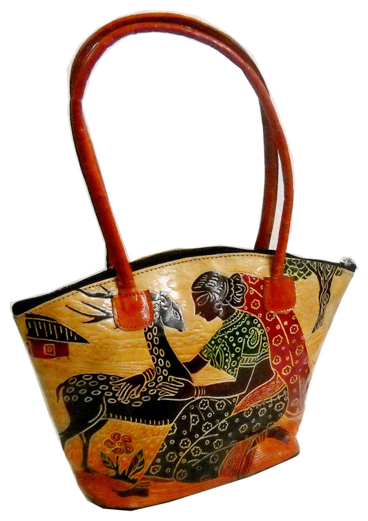 Shankuntala Loving Deer Design Ethnic Hand Embossed 100% Pure Shantiniketan Leather Indian Hand Bag
