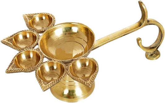 Crafts of India Handheld Brass Panch Diya / Oil Lamp for Puja Aarti for Diwali/Navratri Festival & Pooja