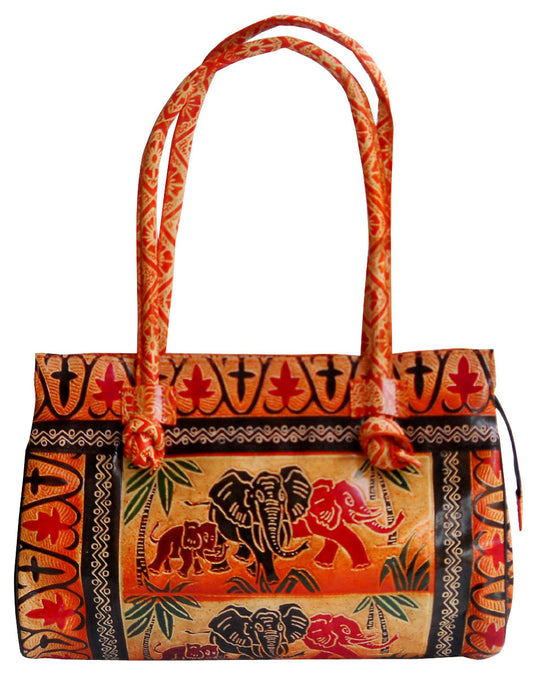 Jungle Elephants Design Ethnic Hand Embossed Shantiniketan Leather Indian Shoulder Bag