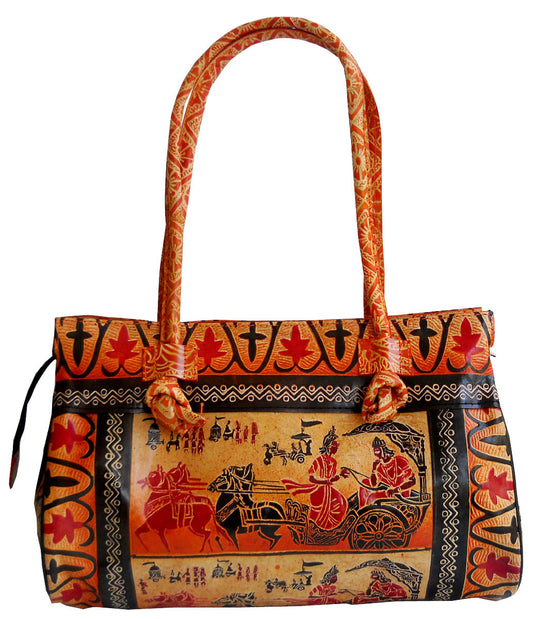 Krishna giving Gita Updesa to Arjuna Design Ethnic Hand Embossed Shantiniketan Leather Indian Shoulder Bag