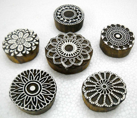 Wholesale (Pack of 6) Round shaped floral designs wooden block stamps / Tattoo/ Indian Textile Printing Blocks