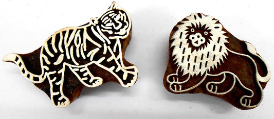 Crafts of India Lion Tiger Wooden Blocks Stamps for Printing on Textiles, Pottery Crafts,Henna, Scrapbooking (Set of 2)
